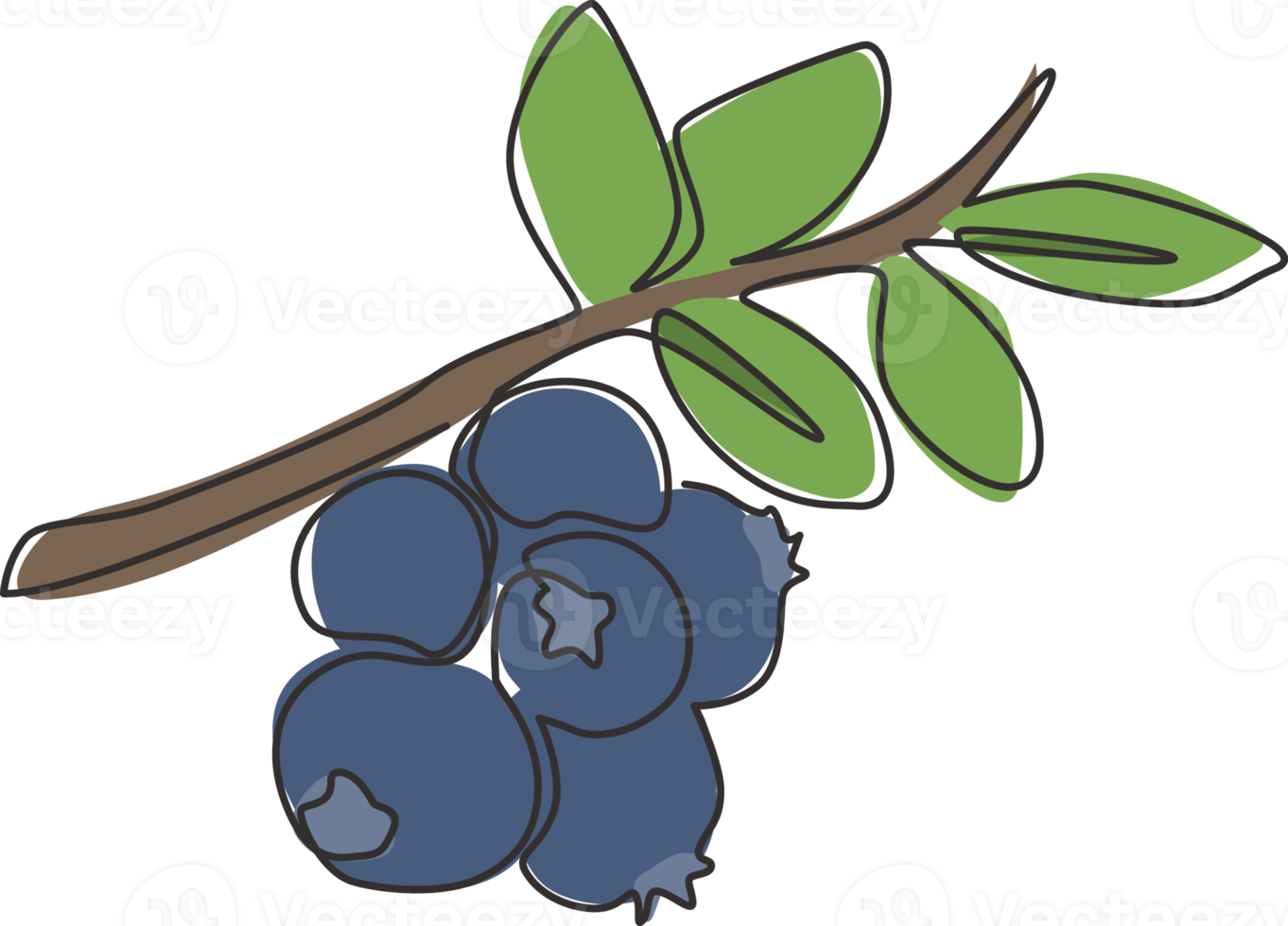 One continuous line drawing of whole healthy organic blueberries for orchard logo identity. Fresh blue berry fruitage concept for fruit garden icon. Modern single line draw design vector illustration png