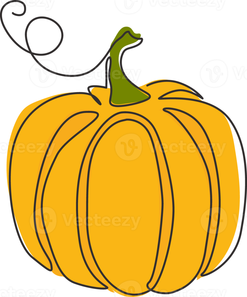 Single continuous line drawing of whole big round healthy organic pumpkin for orchard logo identity. Fresh fall fruitage concept for fruit garden icon. Modern one line draw design vector illustration png