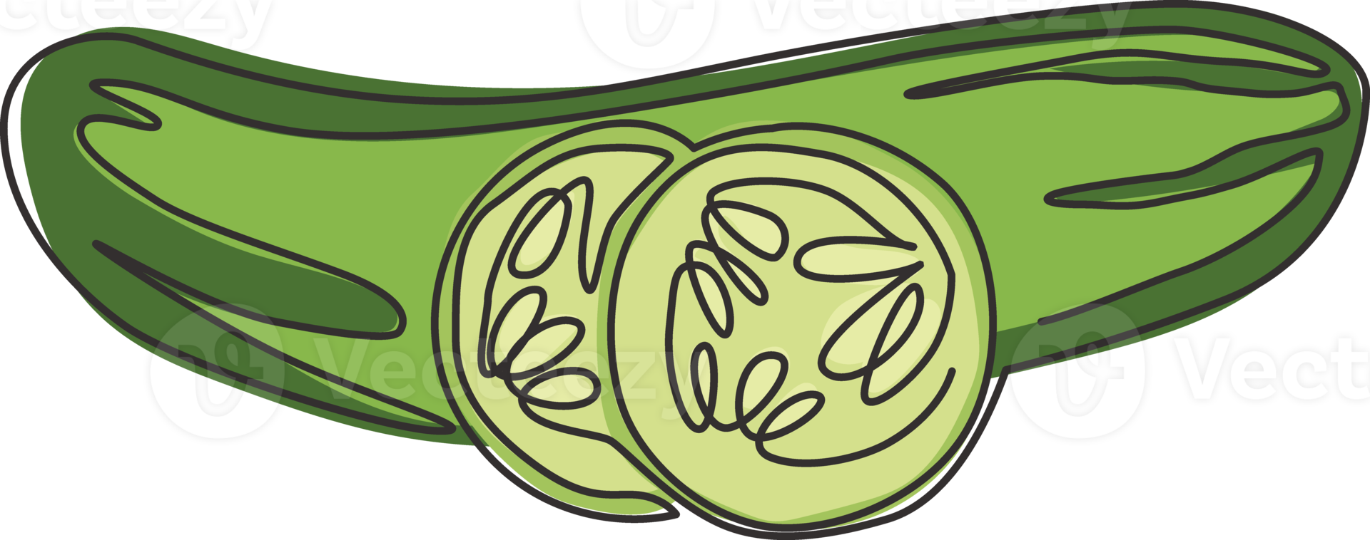 Eine einzige Linie, die ganze und geschnittene gesunde Bio-Gurken für die Identität des Obstgarten-Logos zeichnet. Frischgemüsekonzept für vegane Gartenikone. durchgehende Linie zeichnen Design-Grafik-Vektor-Illustration png