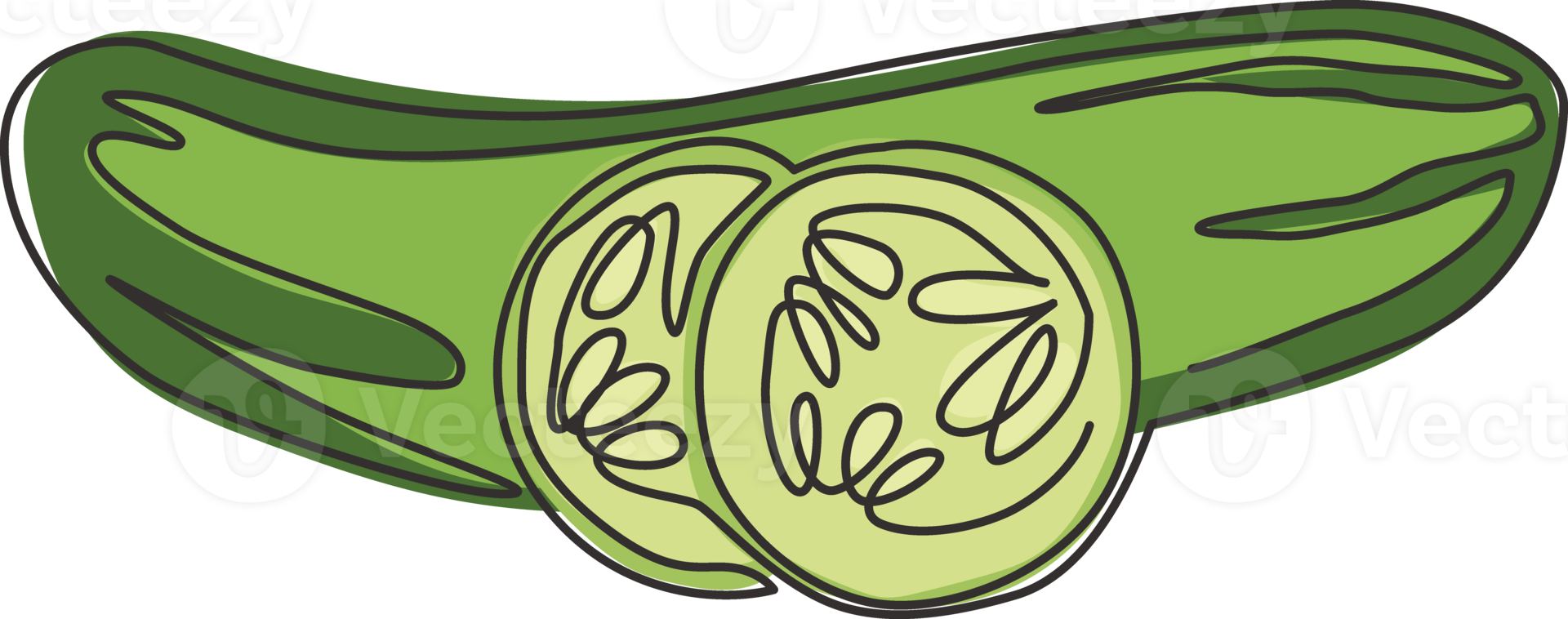 One single line drawing whole and sliced healthy organic cucumber for orchard logo identity. Fresh vegetable concept for vegan garden icon. Continuous line draw design graphic vector illustration png