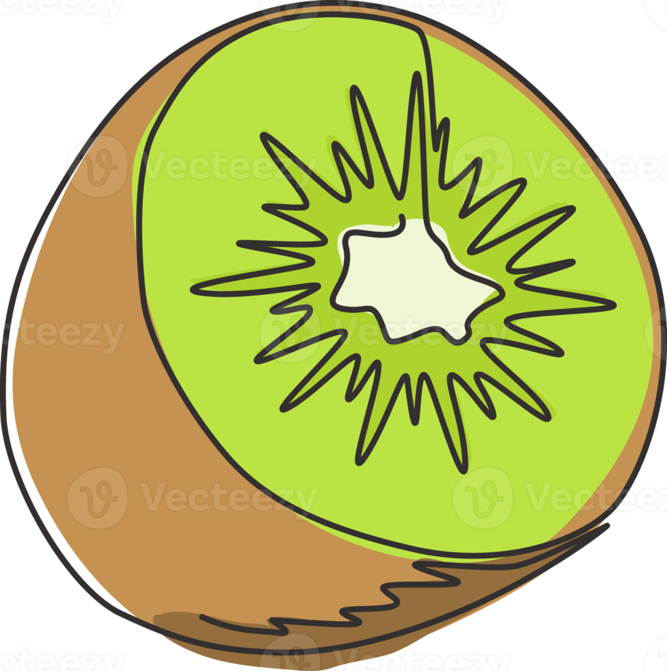 une seule ligne dessinant un kiwi biologique sain à moitié tranché pour l'identité du logo du verger. concept de fruits exotiques frais pour l'icône de jardin fruitier. ligne continue moderne dessiner illustration graphique vectorielle de conception png