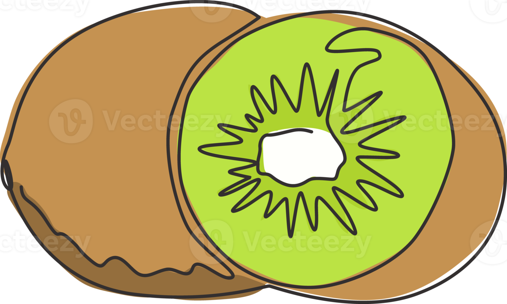 Single continuous line drawing of whole and half sliced healthy organic kiwi for orchard logo identity. Fresh tropical fruit concept for garden icon. Modern one line draw design vector illustration png