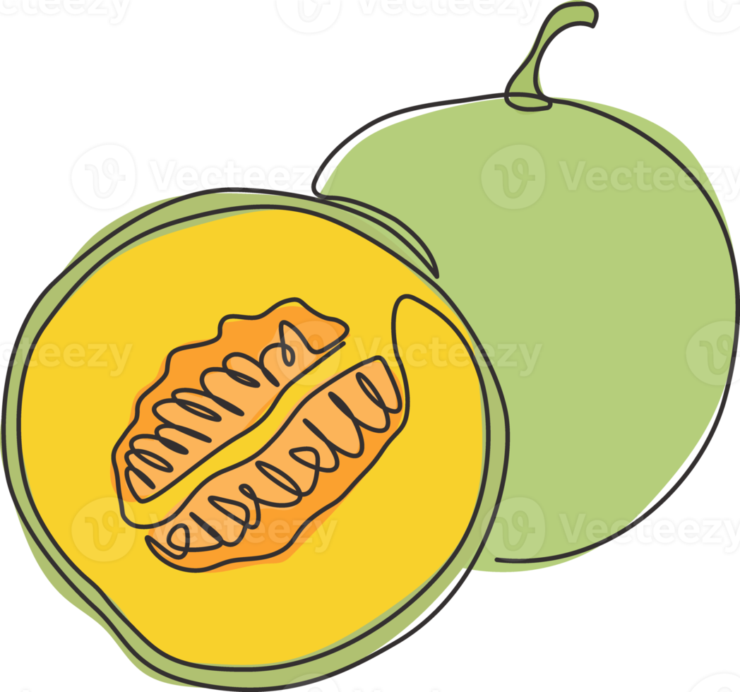 eine durchgehende Strichzeichnung von ganz und halb geschnittenen gesunden Bio-Melonen für die Identität des Obstgarten-Logos. Frisches Fruchtkonzept für Obstgarten-Symbol. moderne Single-Line-Draw-Design-Vektor-Illustration png