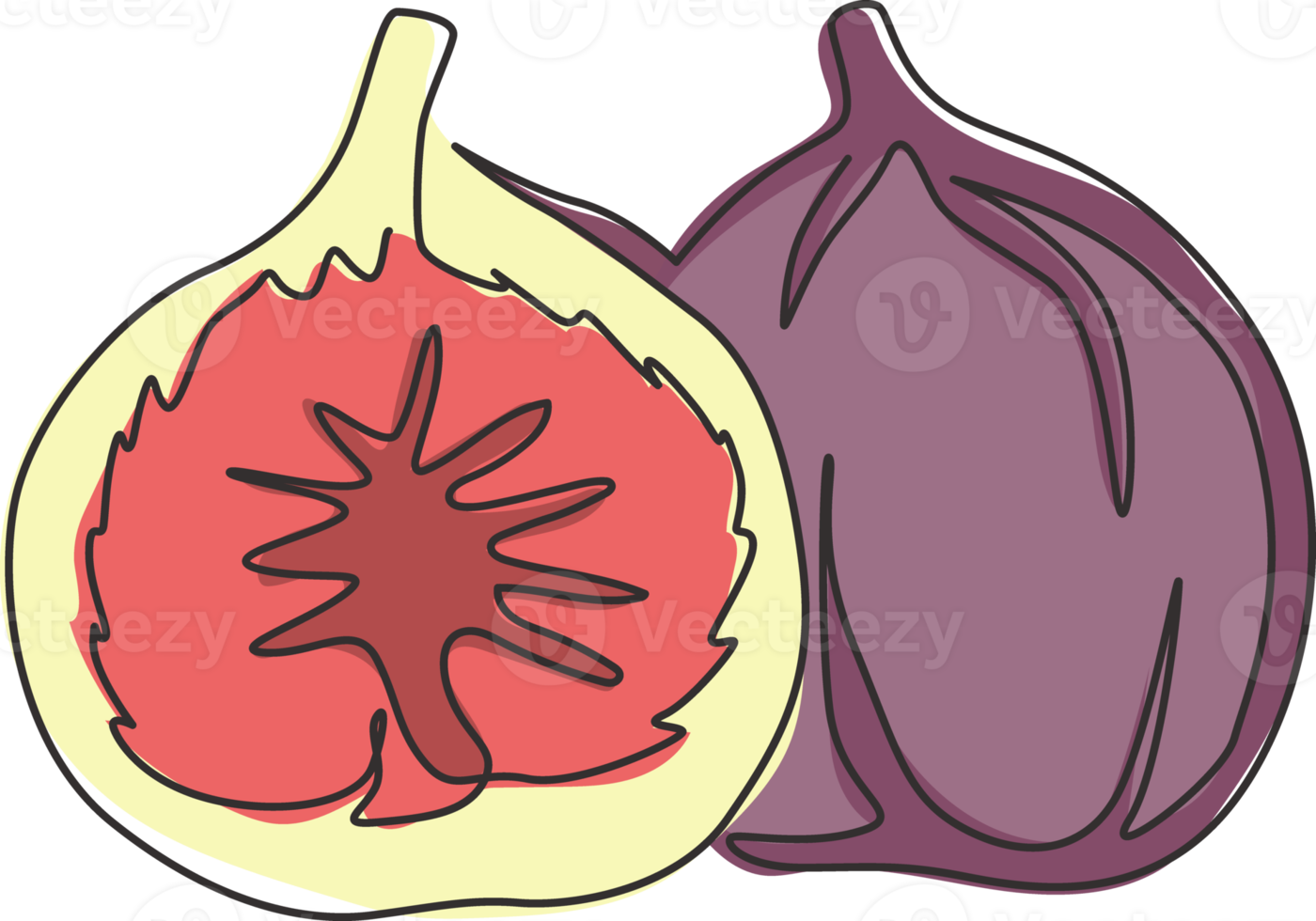 één enkele lijntekening van hele en gesneden gezonde biologische vijgen voor de identiteit van het boomgaardlogo. vers tropisch fruitconcept voor fruittuinpictogram. moderne doorlopende lijn tekenen ontwerp vectorillustratie png