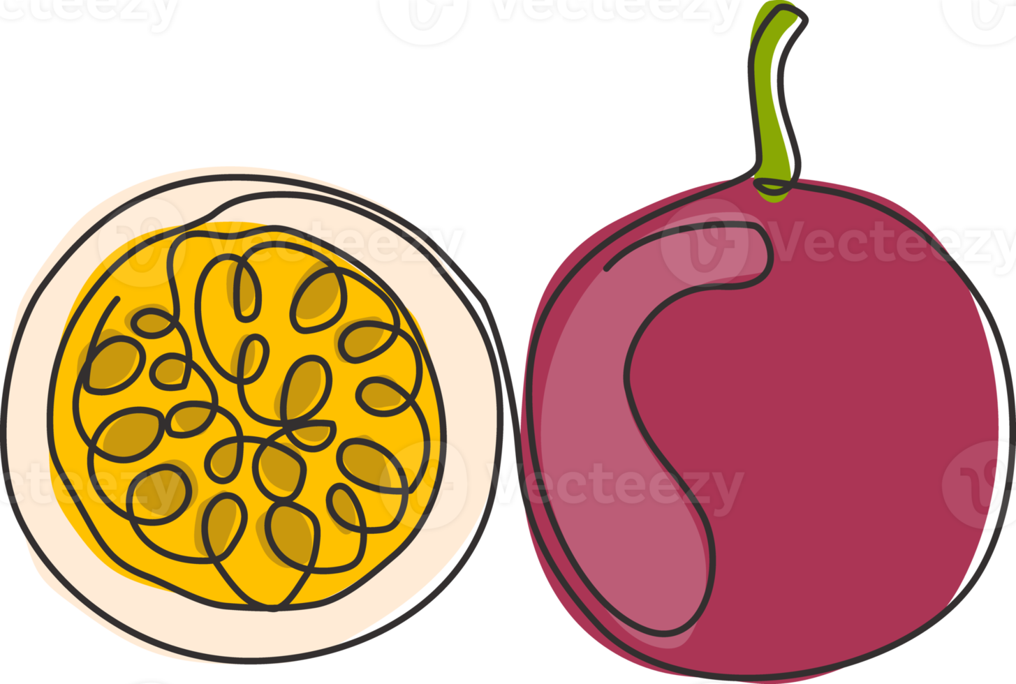 One continuous line drawing whole healthy organic passion fruit for orchard logo identity. Fresh summer fruits concept for fruit garden icon. Modern single line draw design graphic vector illustration png