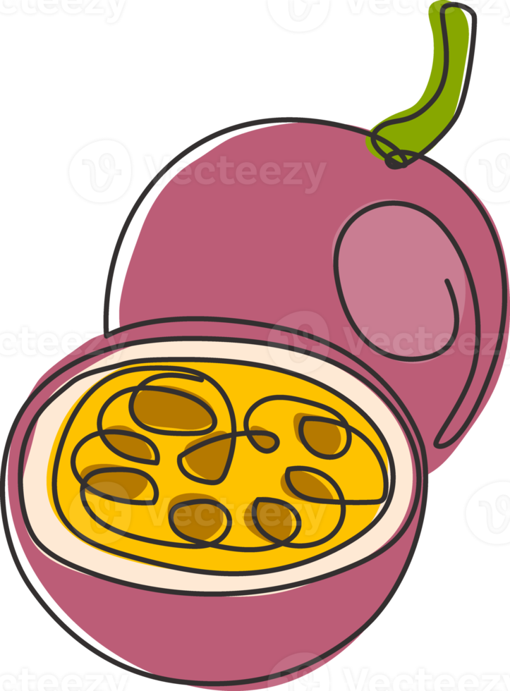 desenho de linha única contínua com identidade do logotipo de maracujá orgânico inteiro saudável para pomar. conceito de frutas exóticas frescas para o ícone do jardim de frutas. ilustração gráfica de vetor moderno desenho de uma linha png