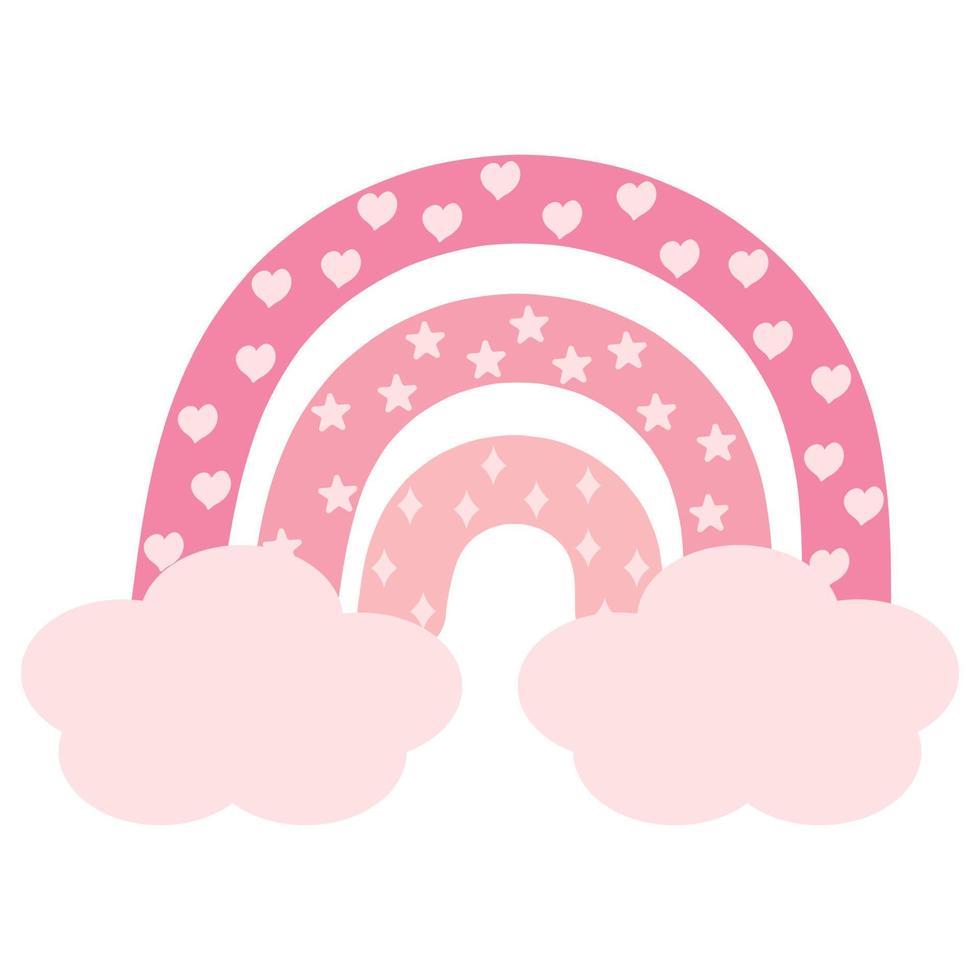 Pink boho rainbow with clouds, stars, hearts and rhombuses. Vector illustration
