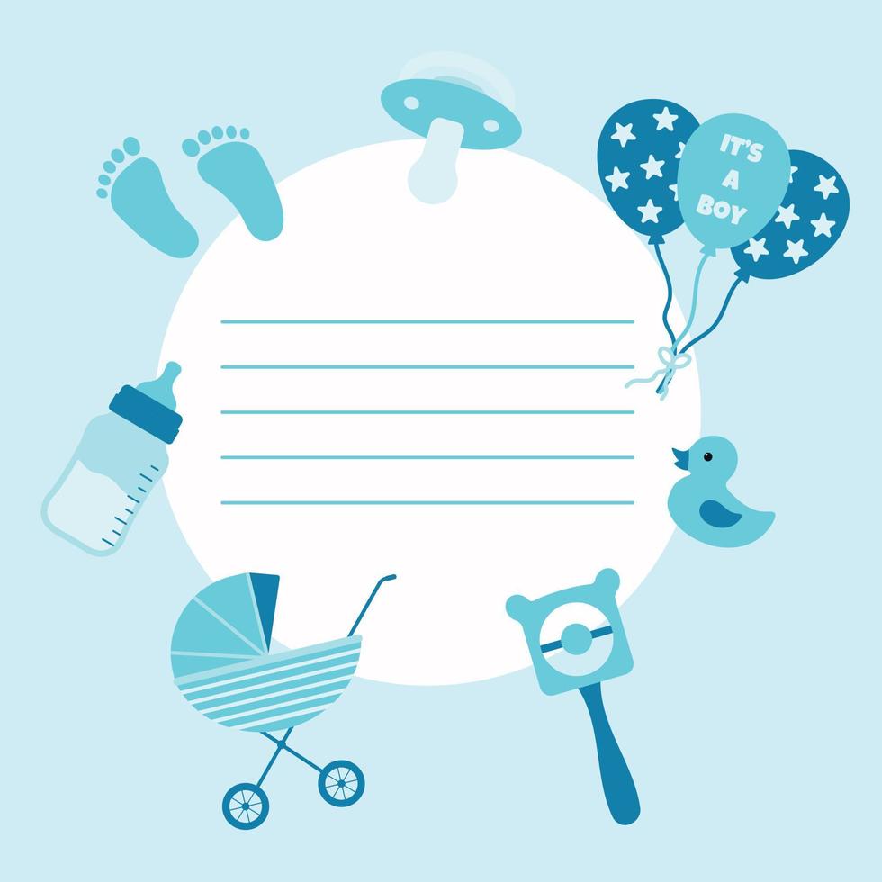 Vector card for a newborn baby boy with baby items