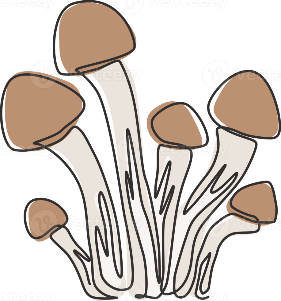 Single continuous line drawing of whole healthy organic mushrooms for farm logo identity. Fresh toadstool concept for vegetable icon. Modern one line draw design vector graphic illustration png
