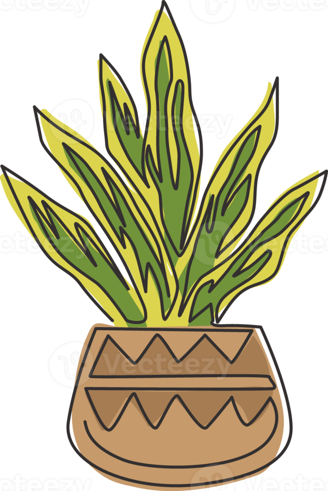 disegno a linea continua di una pianta di serpente in vaso per l'identità del logo dell'arredamento della casa. concetto di pianta perenne sempreverde fresca per l'icona della pianta. illustrazione vettoriale di disegno grafico moderno a una linea di disegno png