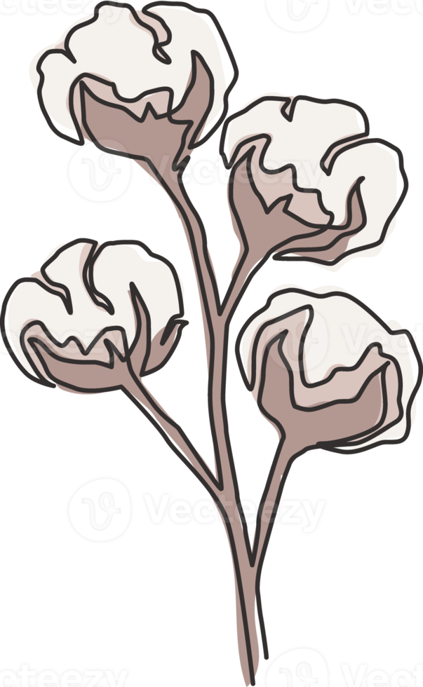 One continuous line drawing of whole soft and fluffy cotton flower for farming logo identity. Staple fiber flower concept for garden icon. Modern single line draw graphic design vector illustration png