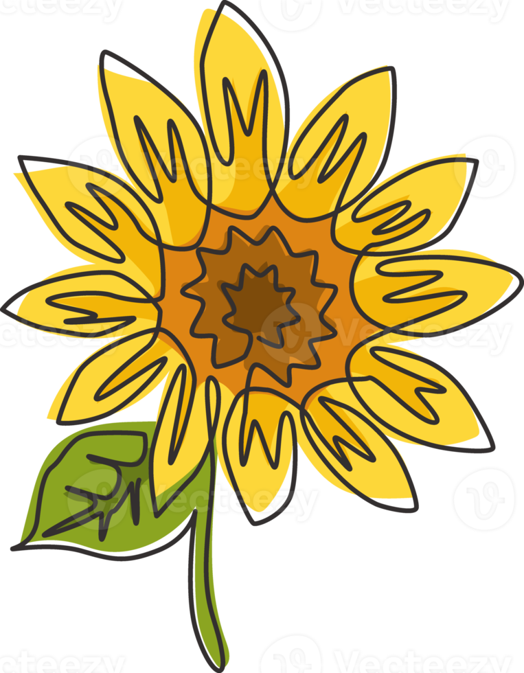 Eine einzige Strichzeichnung der Schönheit frischer Sonnenblumen für das Parklogo. druckbares Plakat dekoratives Helianthus-Saison-Blumenkonzept für Wandwohnkulturkunst. durchgehende Linie zeichnen Design-Vektor-Illustration png