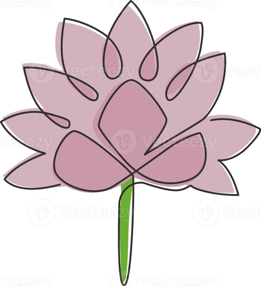 One continuous line drawing of beauty fresh lotus for spa business logo. Printable poster decorative garden water lily flower concept for wall home decor. Single line draw design vector illustration png