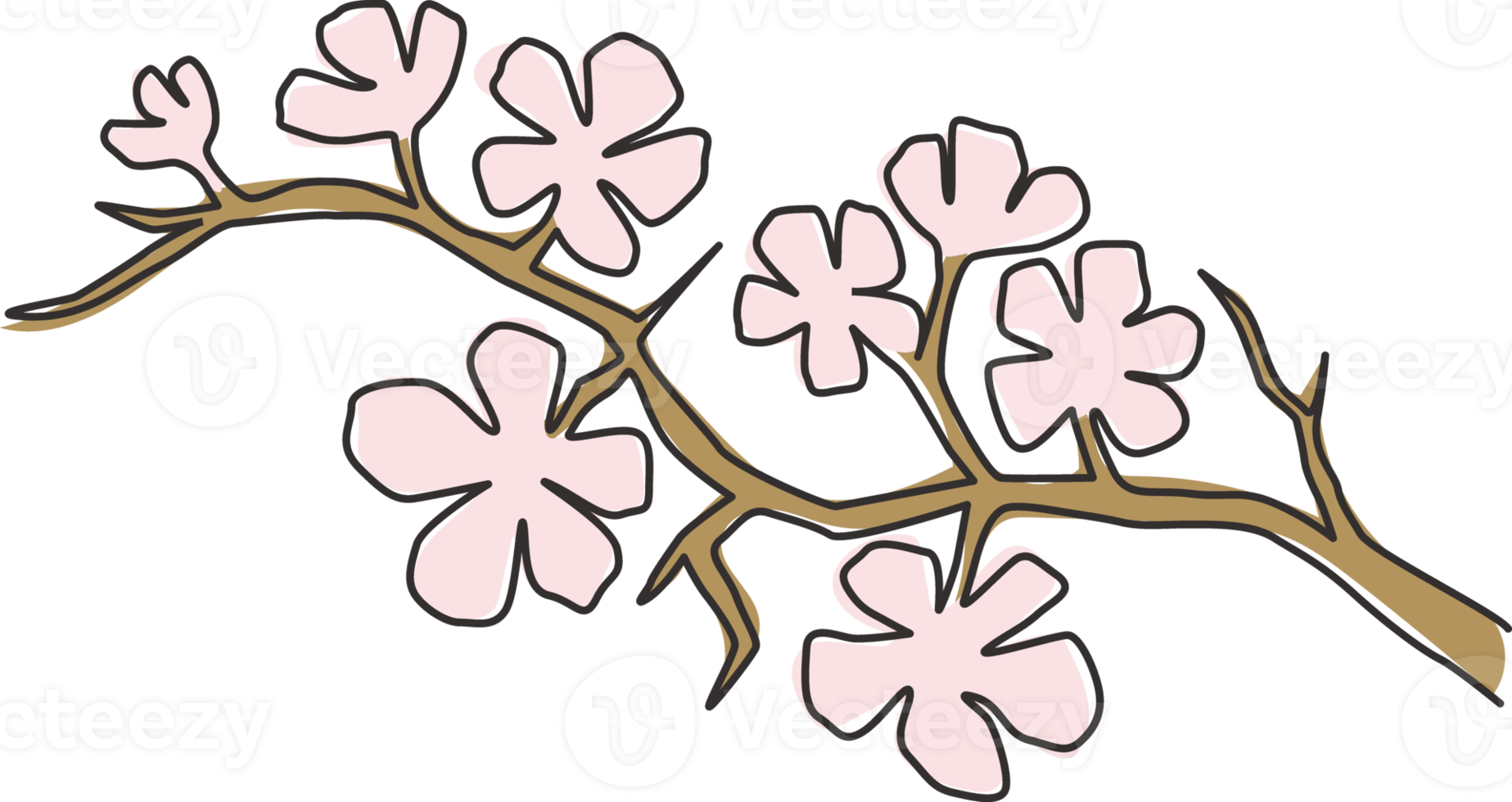 One continuous line drawing of beauty fresh cherry blossom for garden logo. Printable decorative sakura flower for home wall decor art poster print. Modern single line draw design vector illustration png
