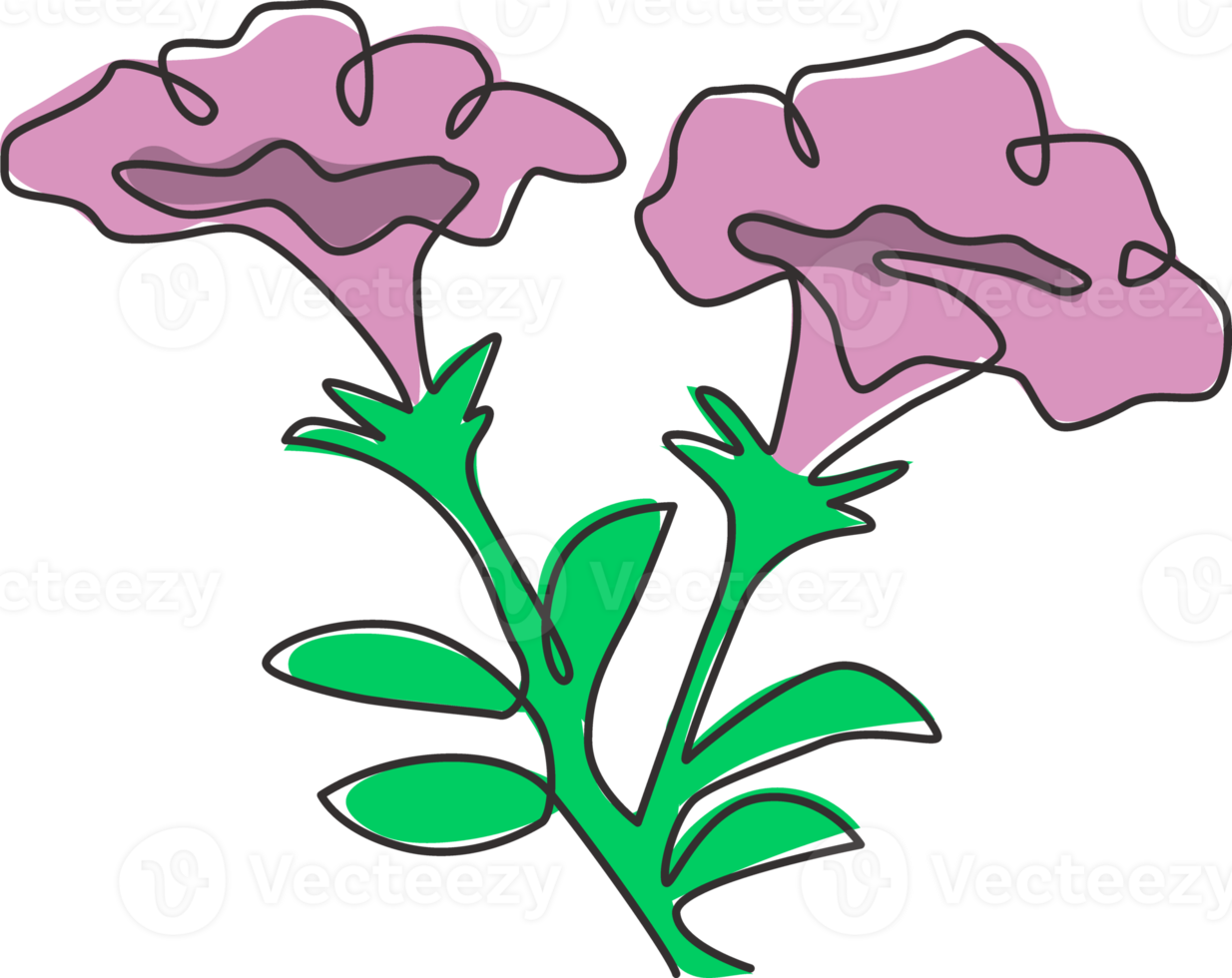 enda kontinuerlig linjeritning av skönhet färska petunioideae för trädgårdslogotyp. utskrivbar dekorativ petunia blomma koncept för hem vägg dekor affisch konst. moderna en rad rita design vektorillustration png