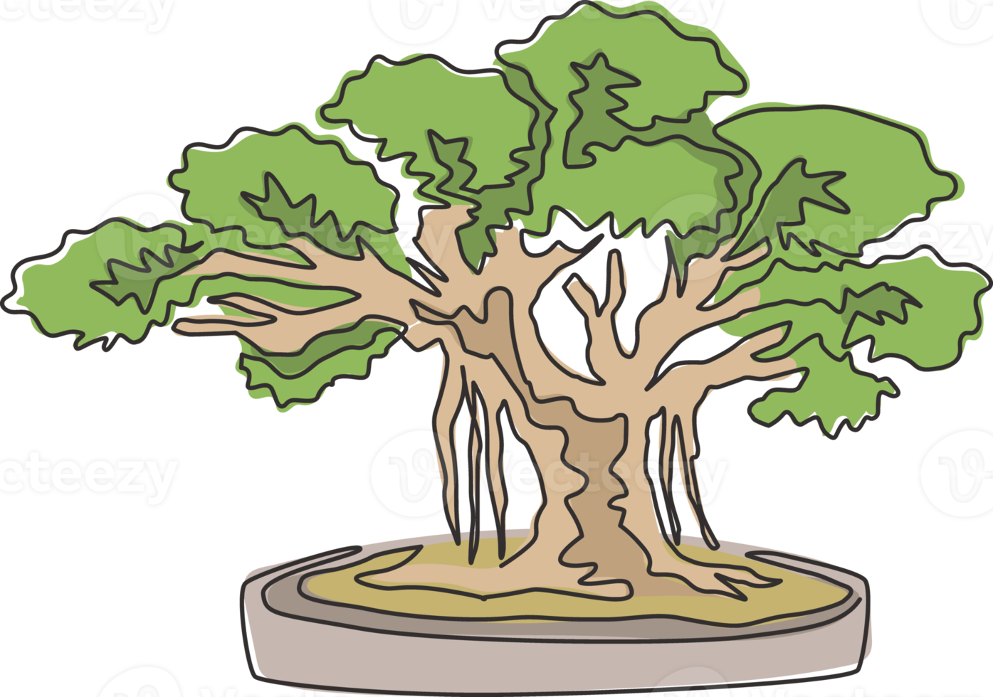 único desenho de uma linha bela e exótica árvore bonsai japonesa. pequena árvore de banyan decorativa no conceito de árvore para cartão postal de saudação. ilustração em vetor gráfico design moderno linha contínua png