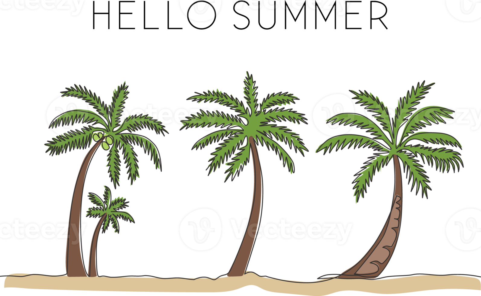 enkele lijntekening van kokospalm. decoratieve cocos nucifera palm voor hallo zomer wenskaart. toerisme reizen vakantie concept. moderne doorlopende lijn tekenen ontwerp vectorillustratie png