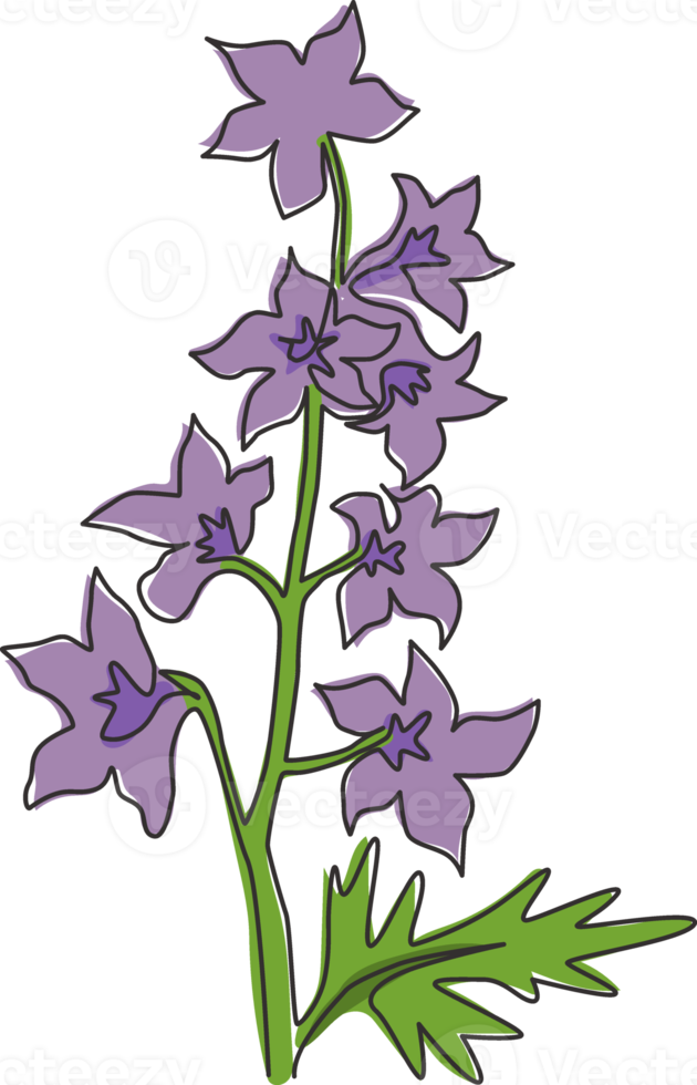 One continuous line drawing beauty fresh larkspur for home decor wall art poster print. Decorative perennial flower delphinium for wedding invitation card. Single line draw design vector illustration png
