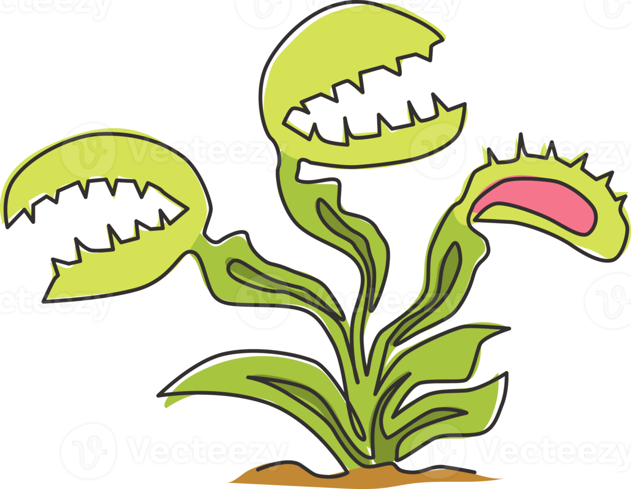 One continuous line drawing of beauty fresh venus flytrap for home decor wall art poster print. Decorative dionaea muscipula plant for monster creature. Single line draw design vector illustration png