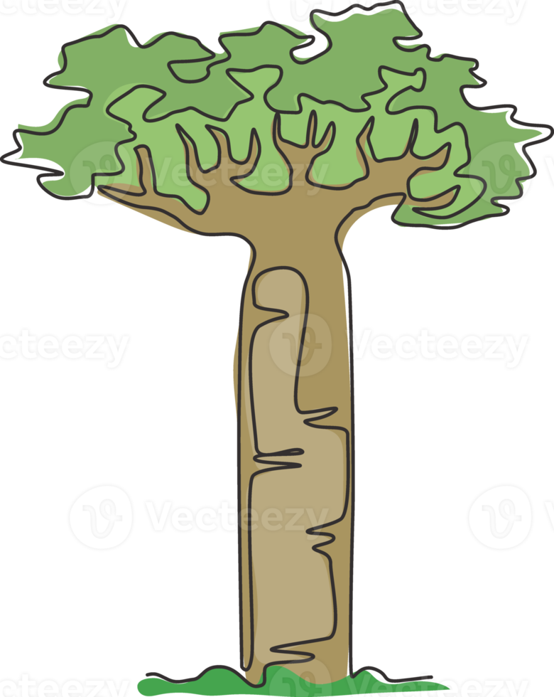 Árbol baobab gigante de dibujo de línea continua única para póster de decoración de pared. concepto de planta gigantesca para el parque nacional. concepto de vacaciones de turismo y viajes. Ilustración de vector de diseño de dibujo de una línea moderna png