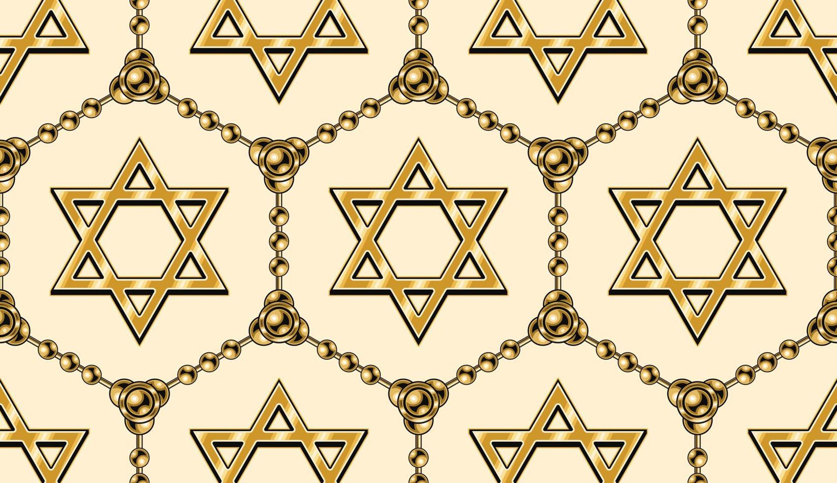 Seamless geometric pattern with hexagonal grid with golden chains, star of David on beige background. Vector illustration in vintage style.