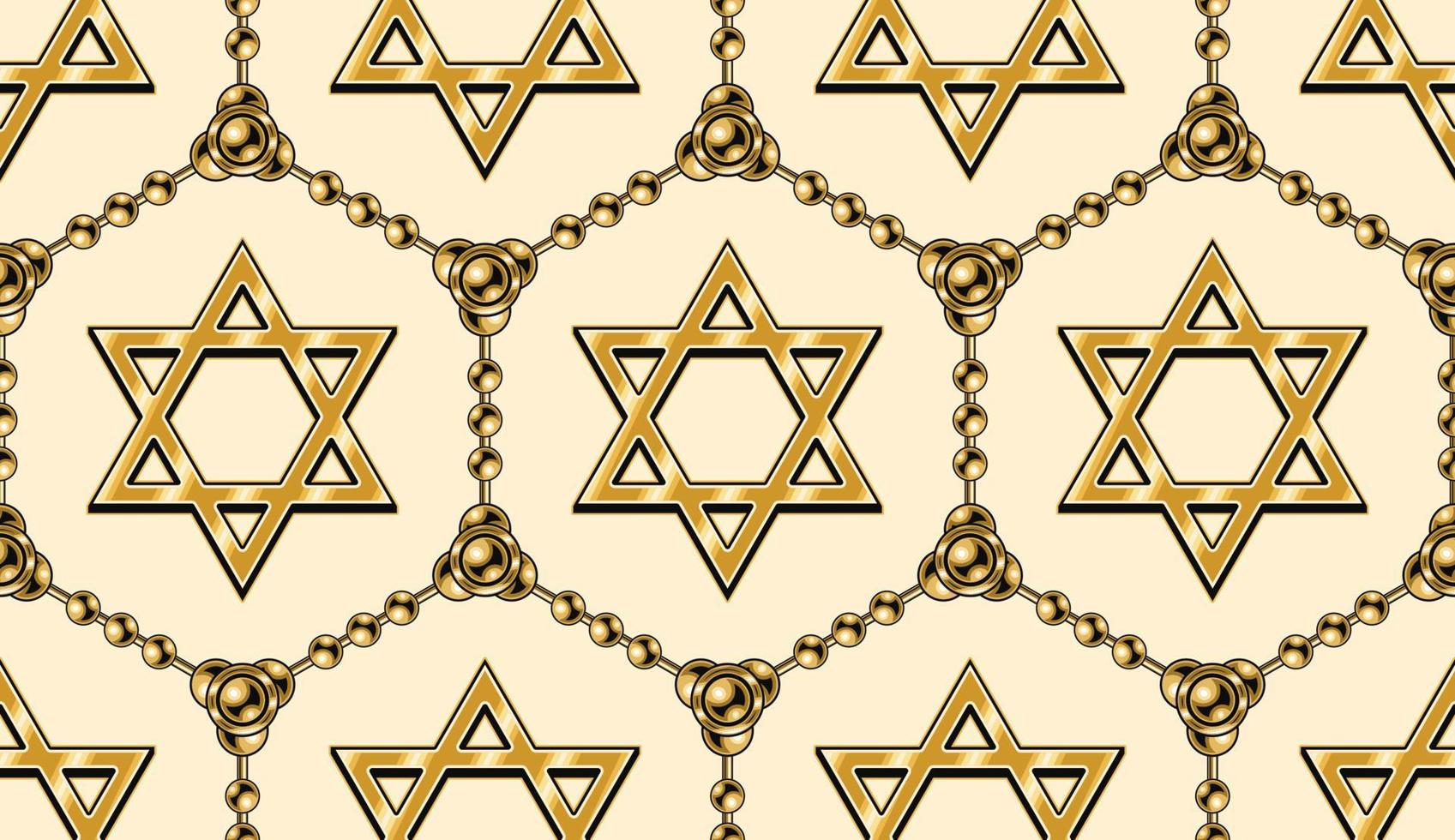 sin costura geométrico modelo con hexagonal cuadrícula con dorado cadenas, estrella de david en beige antecedentes. vector ilustración en Clásico estilo.