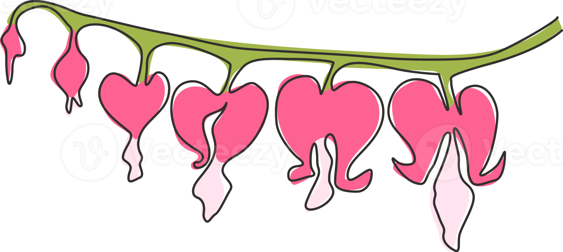 One continuous line drawing of beauty fresh dicentra spectabilis for garden logo. Decorative lyre heart flower concept for wedding invitation card. Trendy single line draw design vector illustration png