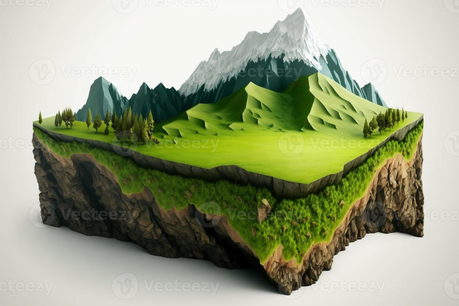 3d tierra con montaña aislado , pedazo de tierra tierra verde campo. generar ai foto