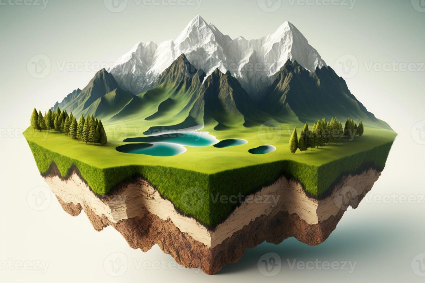 3D land with mountain isolated , Piece of earth land green field. Generate Ai photo