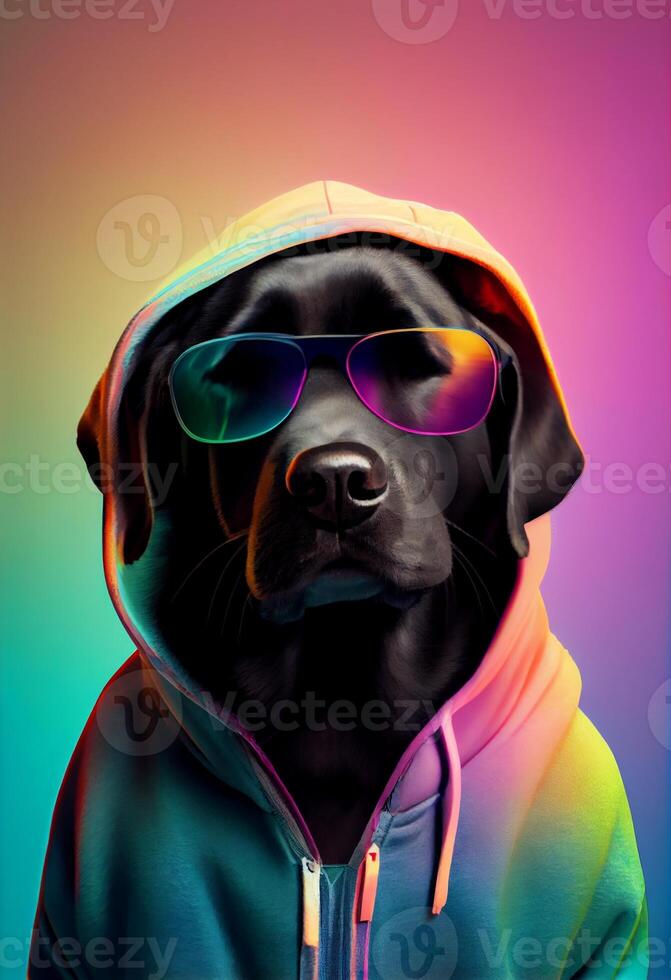 Creative animal composition. Black labrador in torn hoodie, wearing shades sunglass eyeglass isolated. Pastel gradient background. With text copy space. Generate Ai photo