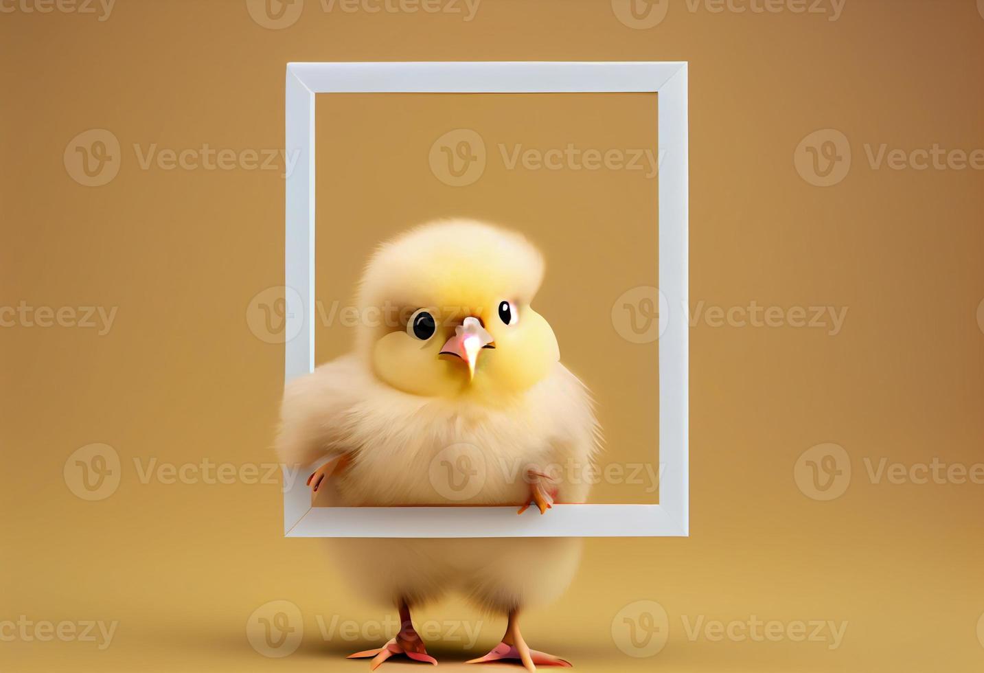 Cute chick holding a blank frame with copy space on a gradient background. Generate Ai. photo