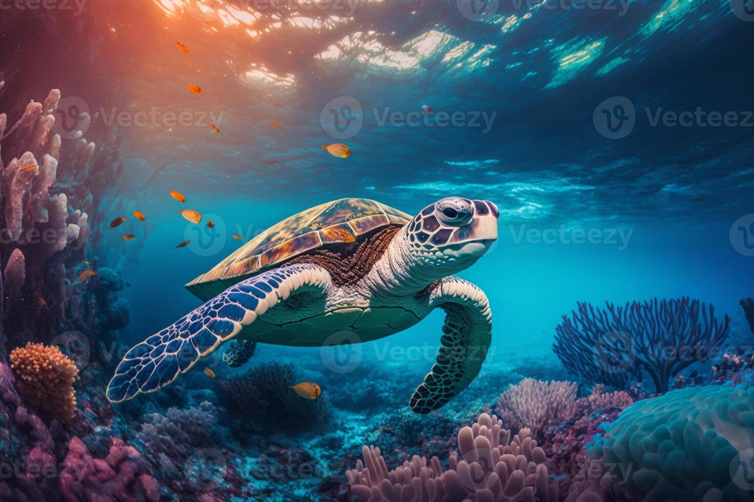 Sea turtle swimming in the under sea , Beautiful Underwater and colorfull coral in wild nature of the Pacific Ocean. Generate Ai photo