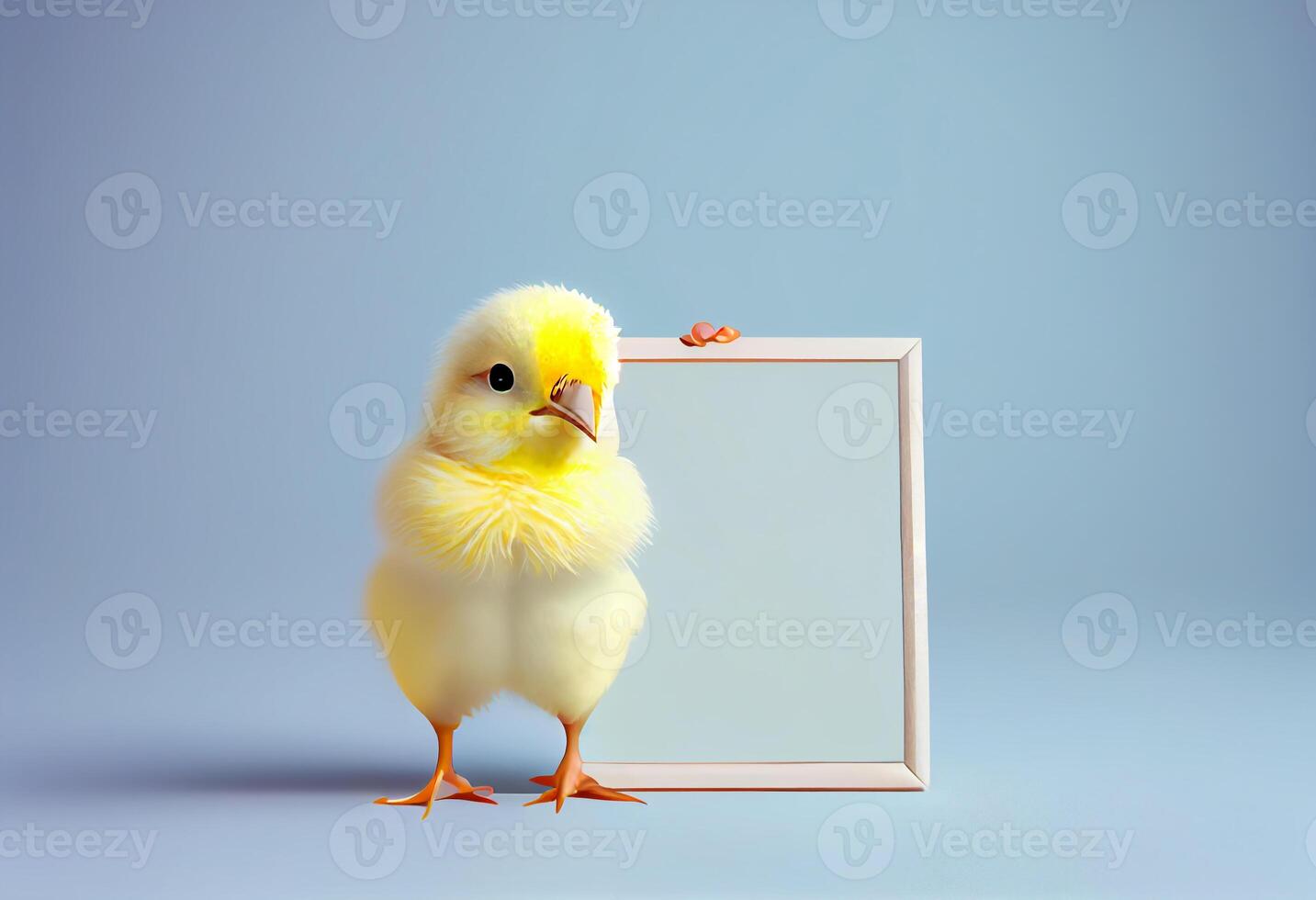 Cute chick holding a blank frame with copy space on a gradient background. Generate Ai. photo