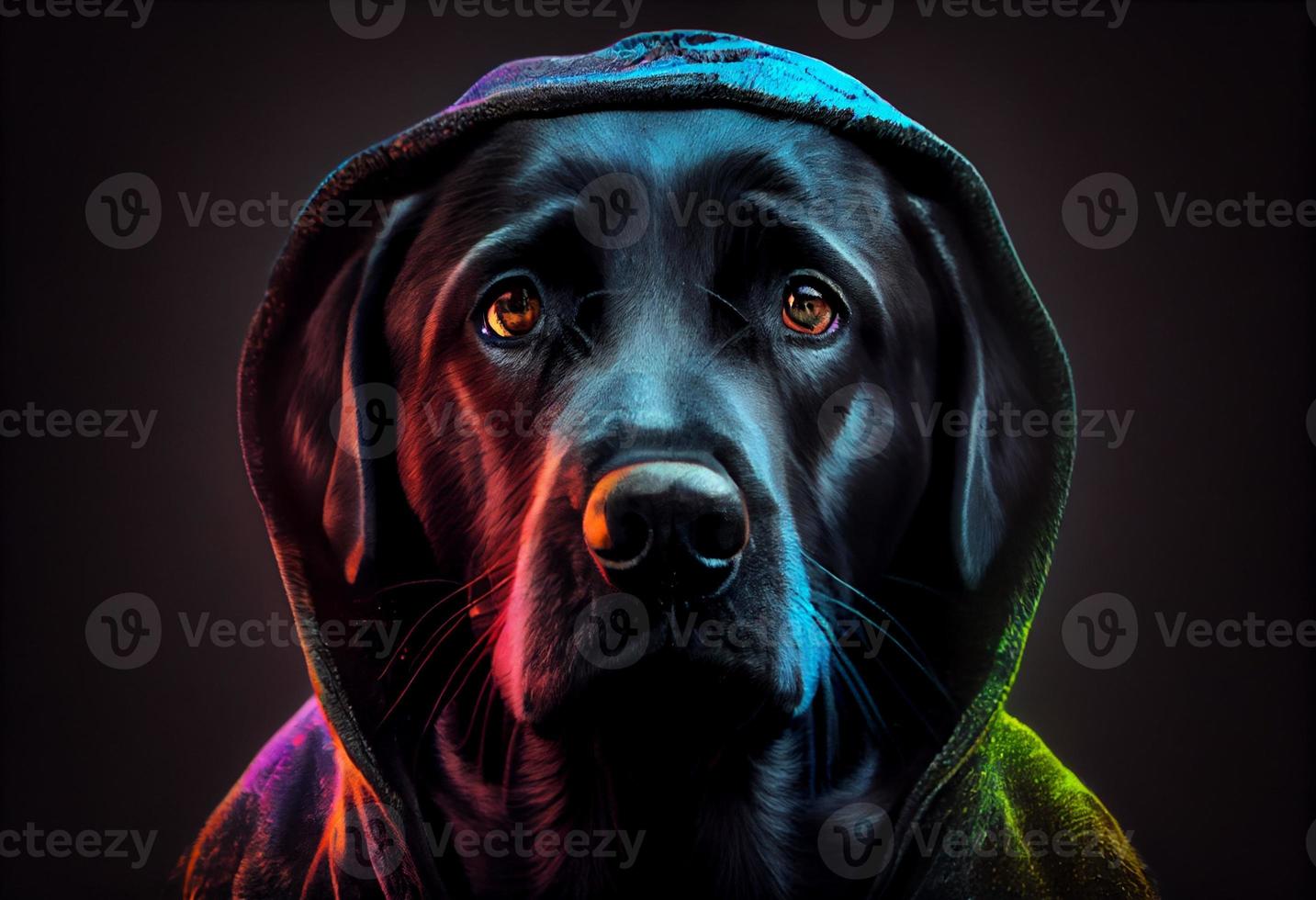 high detail, close up portrait, a black labrador in torn hoodie, looking at the camera, studio shot, , dark mode, sad, depth of field, fashion, neon glow backlight, silhouette. Generate Ai photo