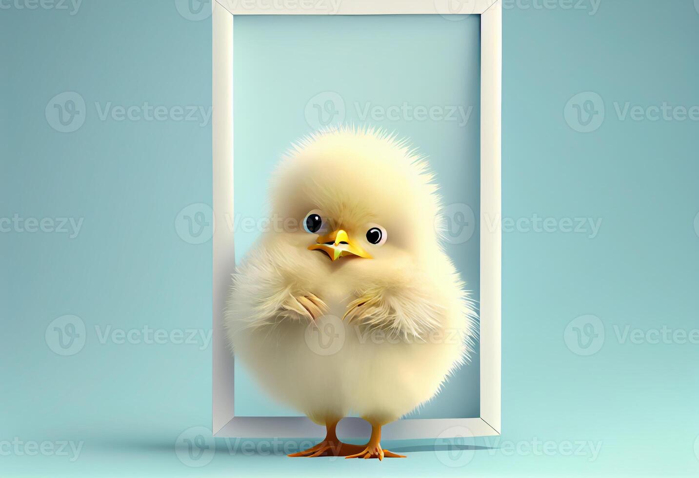 Cute chick holding a blank frame with copy space on a gradient background. Generate Ai. photo