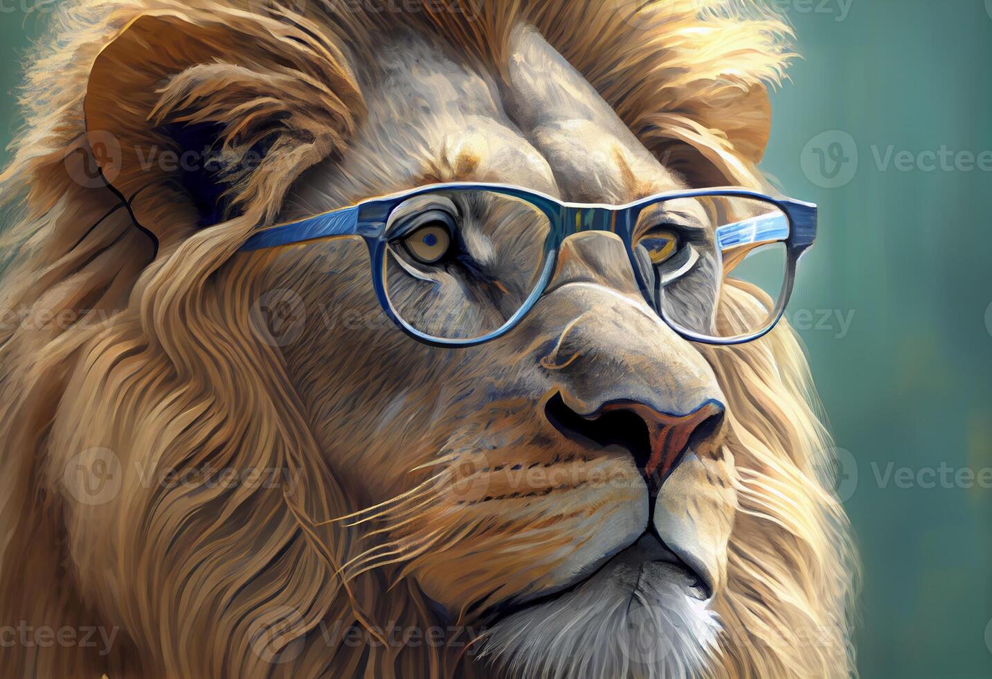 colored lion with prescription glasses, a photorealistic painting. Generate Ai photo