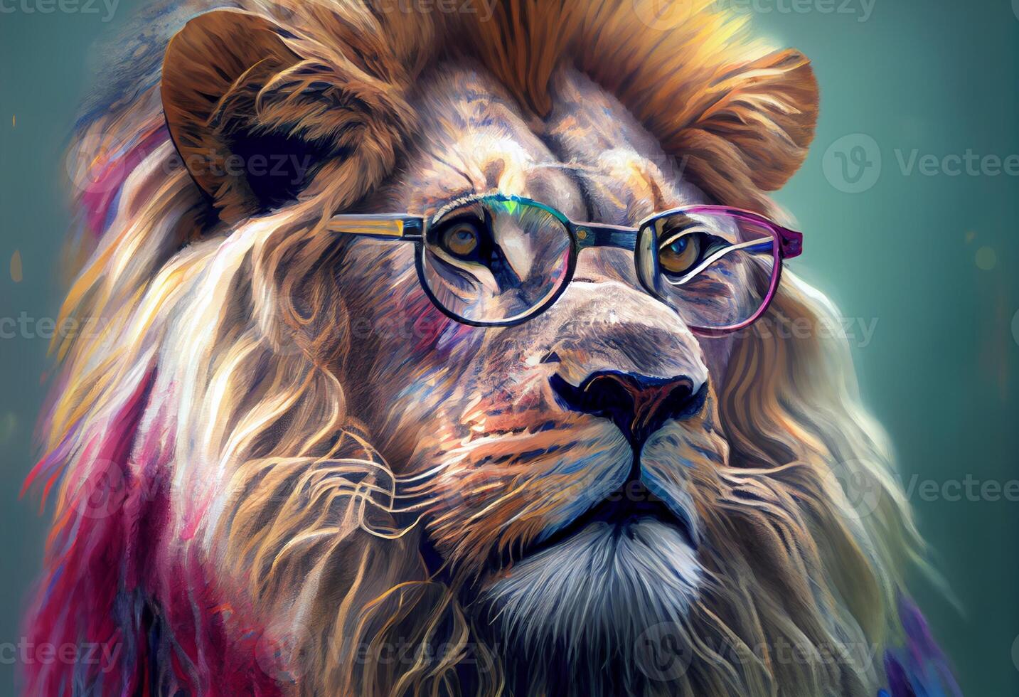 colored lion with prescription glasses, a photorealistic painting. Generate Ai photo