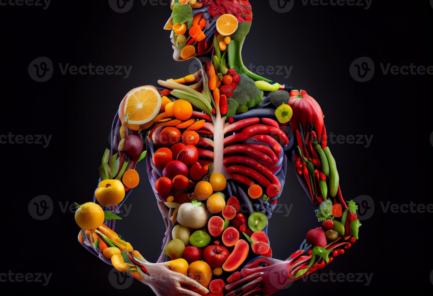 Healthy nutrition and diet concept. Human body made of fresh fruits and vegetables. Generate Ai. photo