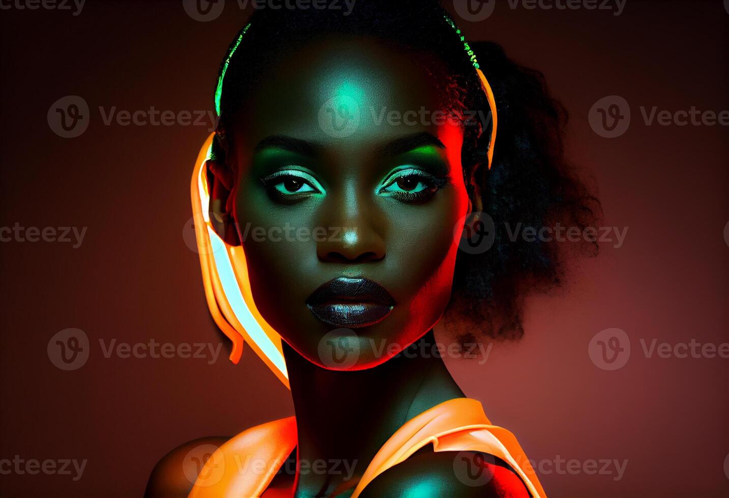 Fashion portrait beautiful black woman, look at camera, in neon studio lighting. Generate Ai. photo