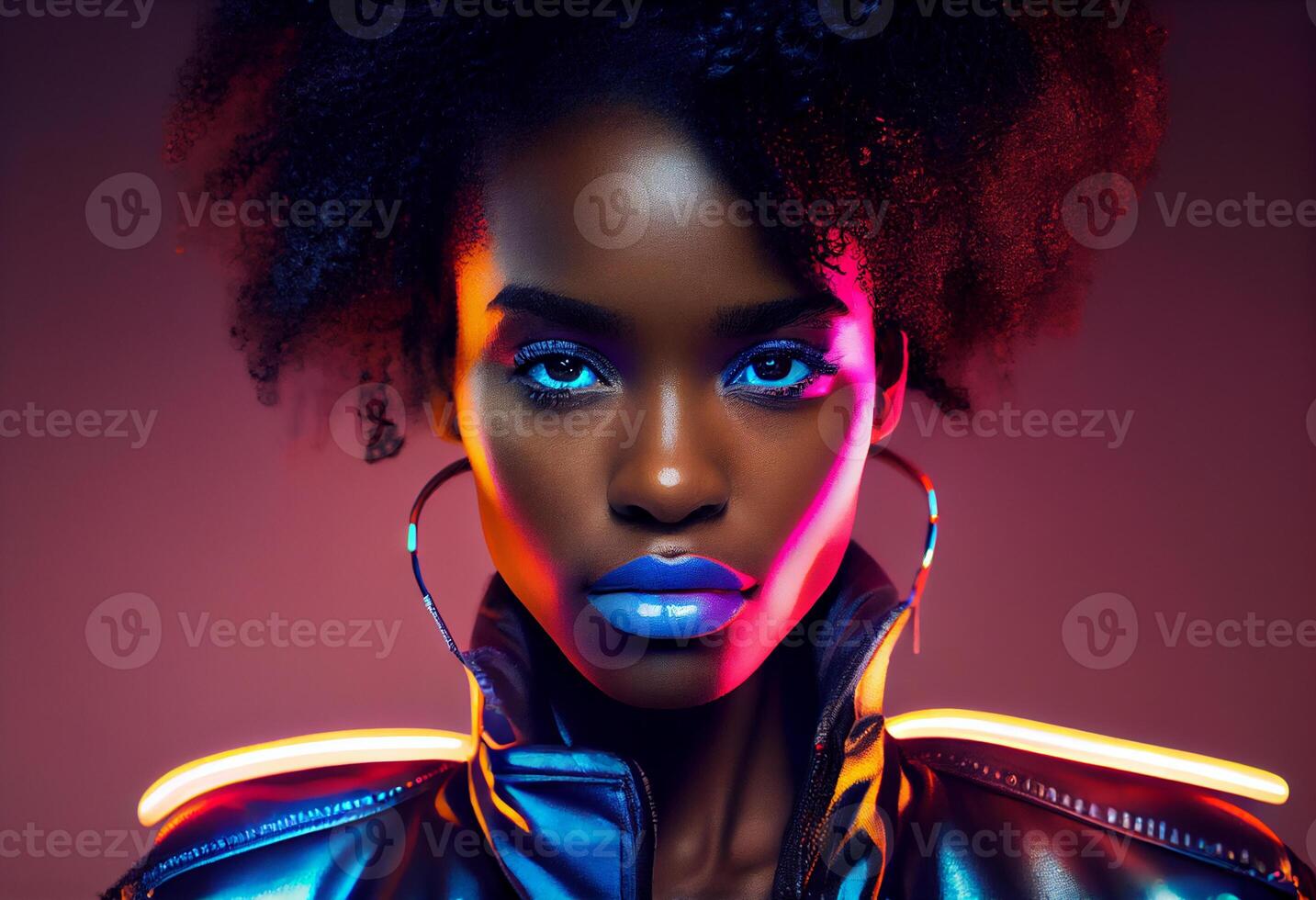 young black woman with fluorescent prints on skin, cosmic paint glowing on  neon lights, black background in studio. female with body art closing half  of face, touching. beauty, fashion concept Stock Photo