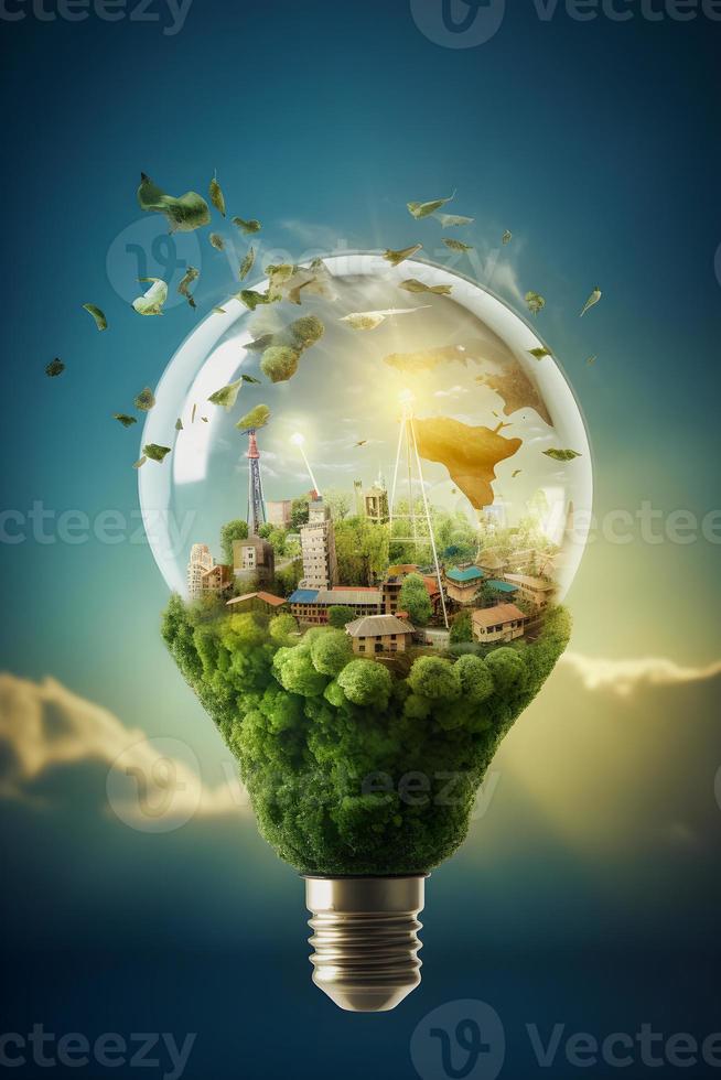 verdeado para un sostenible futuro reduciendo co2 emisiones mediante renovable energía para un mas saludable ecología y un enfriador planeta en tierra día foto