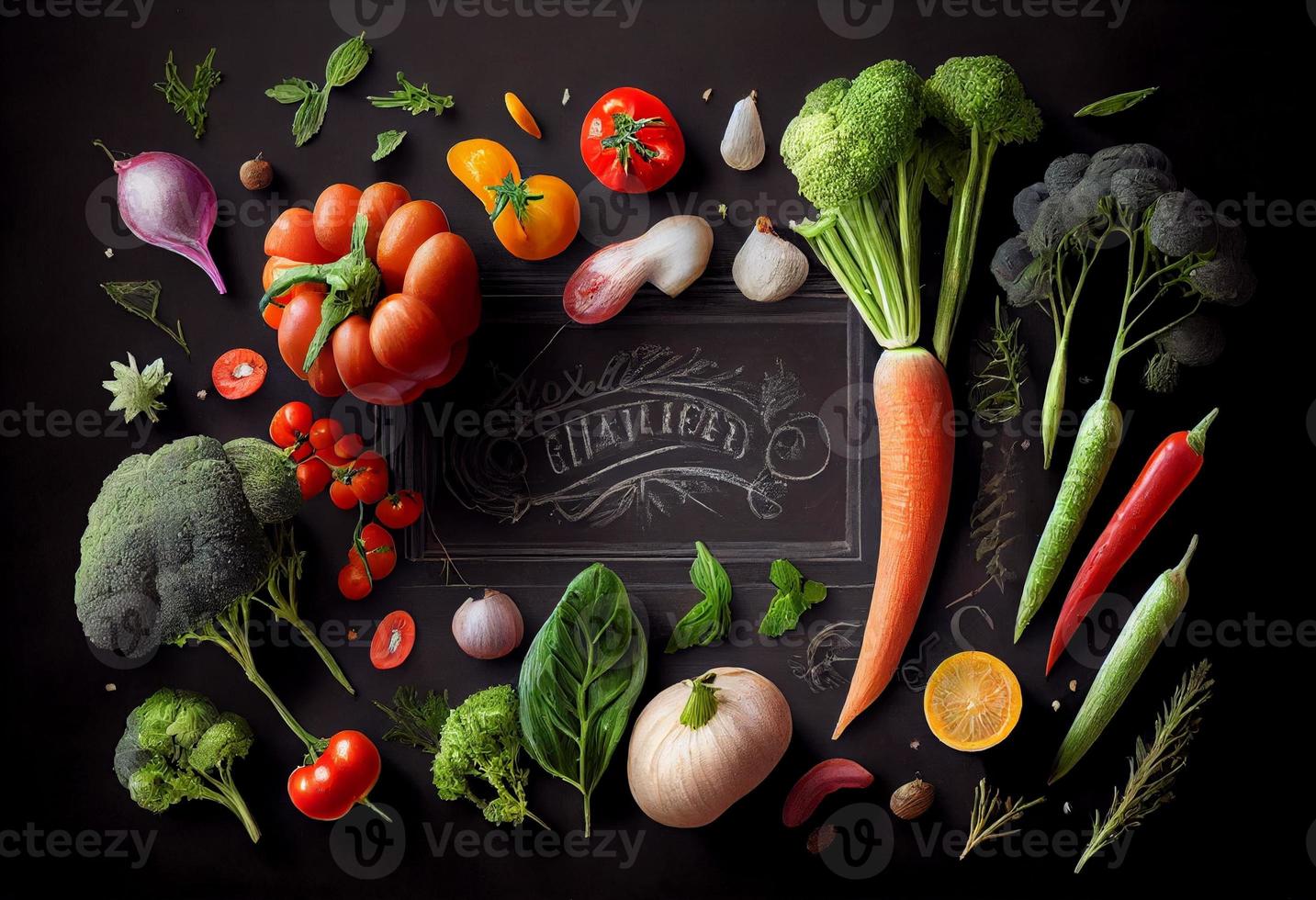 Fresh delicious ingredients of organic food for healthy cooking , Fresh farmer vegetables on a black chalkboard background. Generate Ai photo