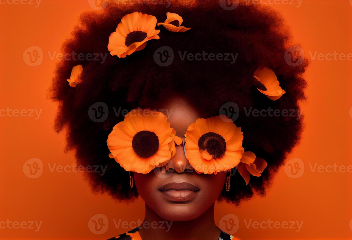 un negro mujer con afro pelo cubierta su ojos. generar ai. foto