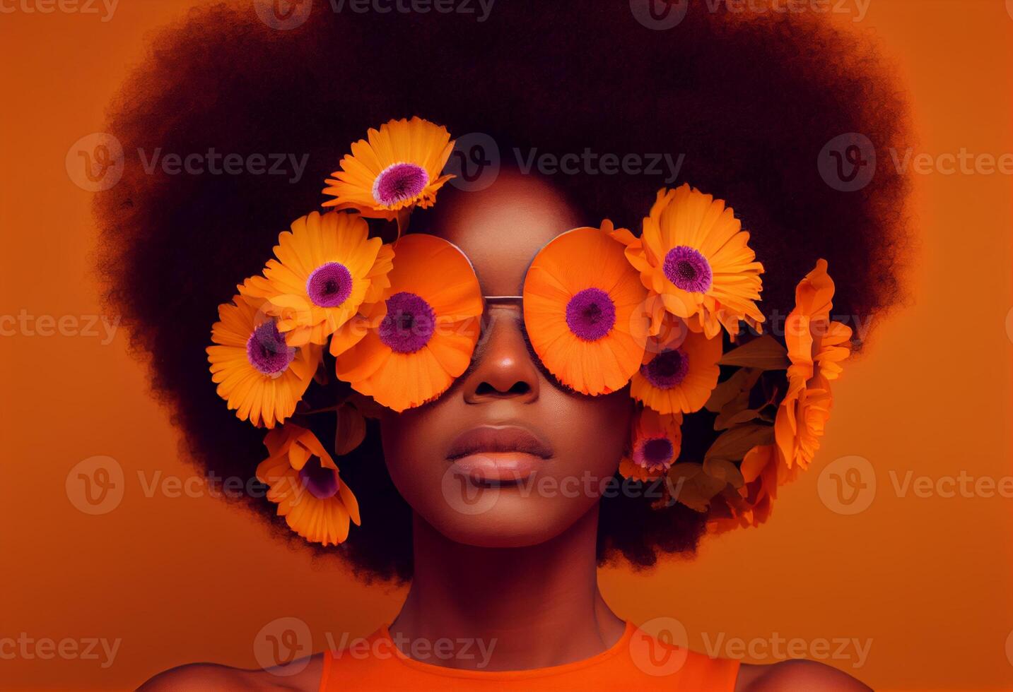 A black woman with afro hair covering her eyes. Generate Ai. photo