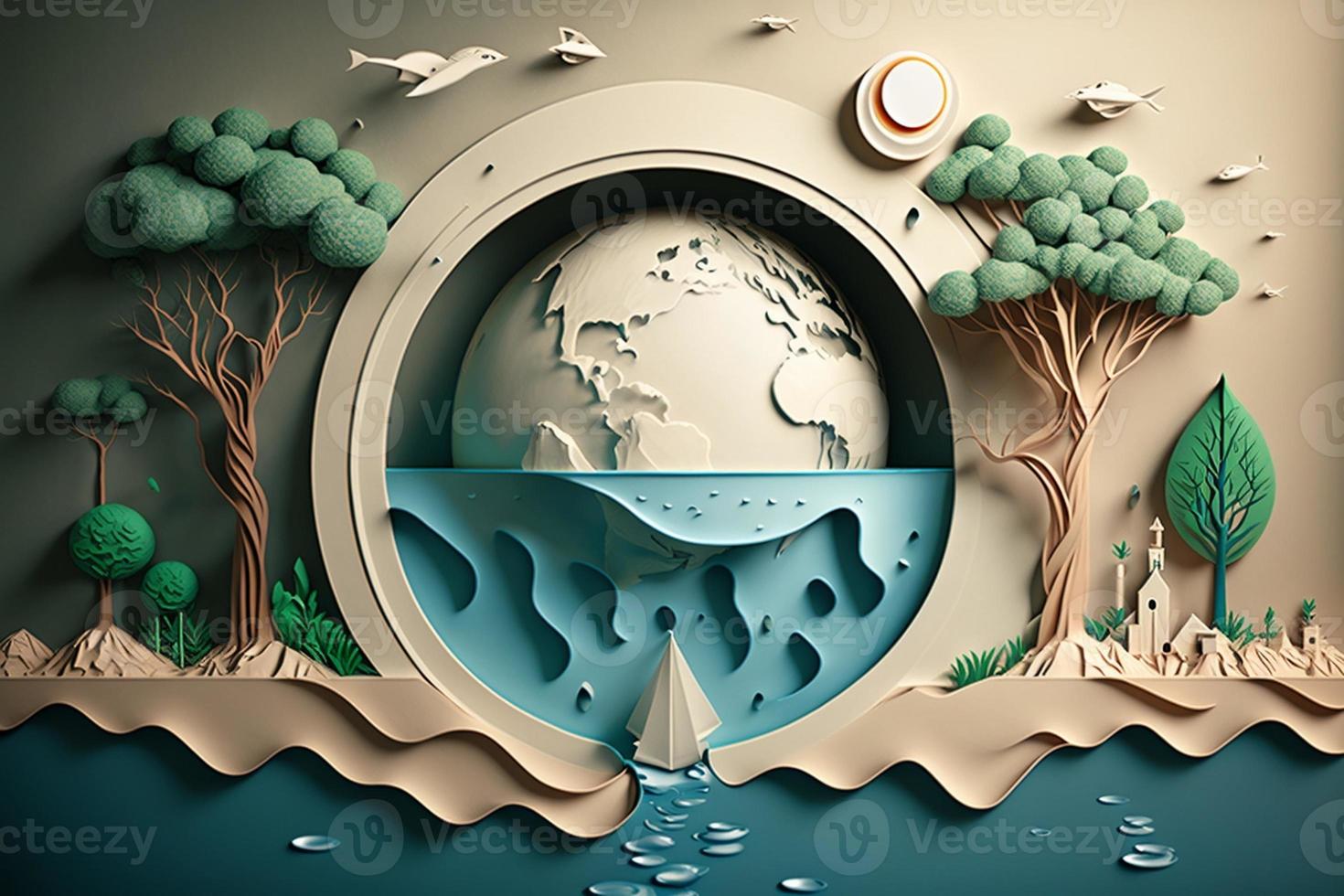 Paper art , Ecology and world water day , Saving water and world Environment day, environmental protection and save earth water. Generate Ai photo