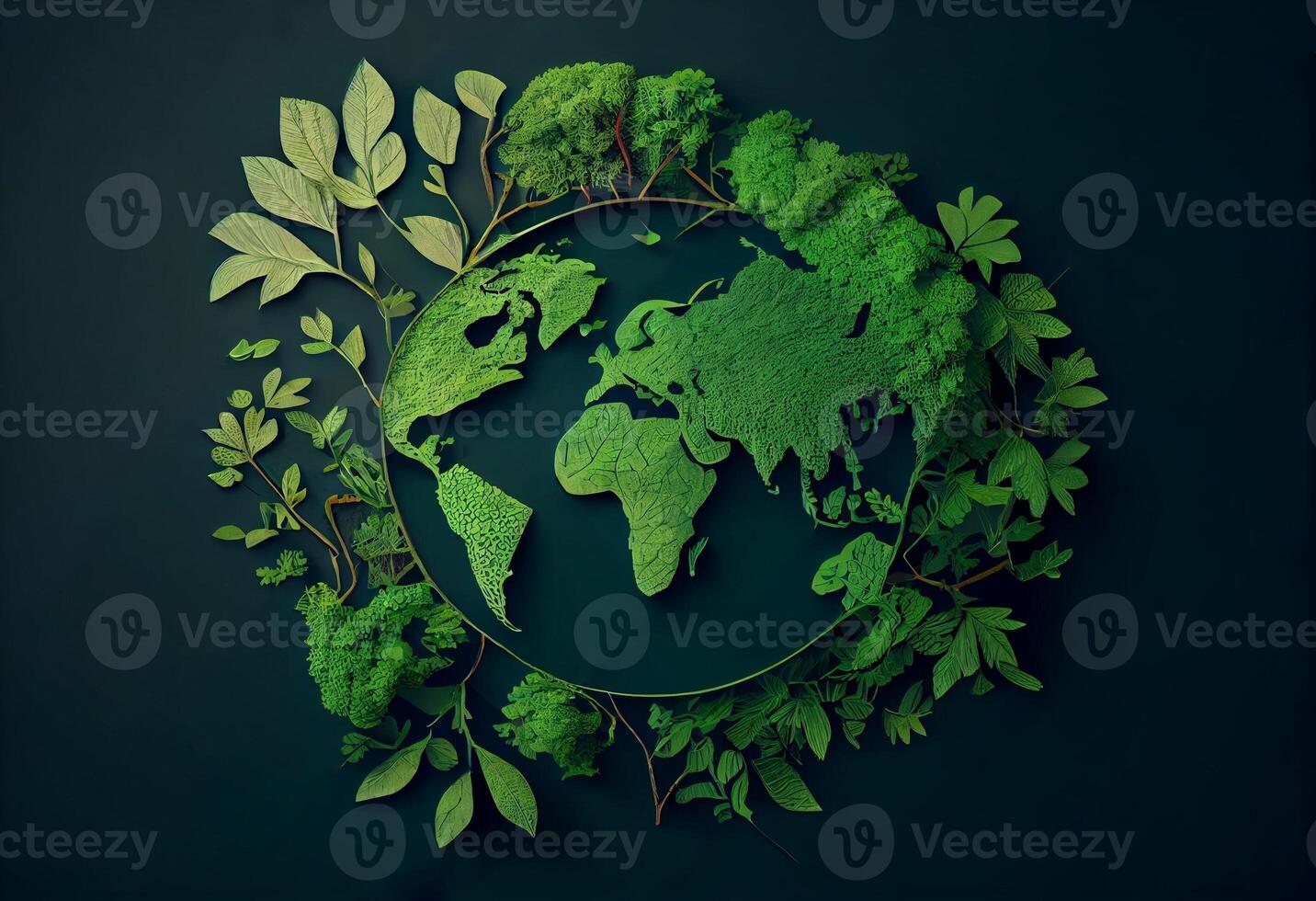 Environmentally friendly planet. Symbolic tree made from green leaves and branches with sketches map of the world. Minimal nature concept. Think Green. Ecology Concept. Top view. Flat lay. Generate Ai photo