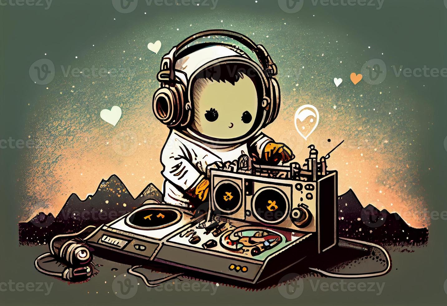 Cute love spaceman djing, illustration. Generate Ai photo