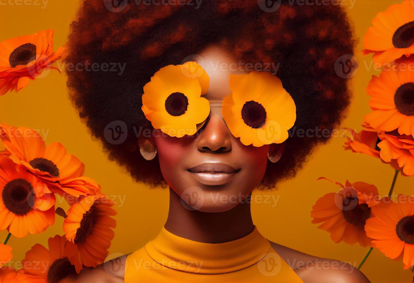 A black woman with afro hair covering her eyes. Generate Ai. photo