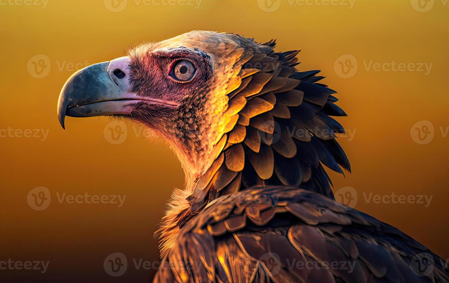 Portrait of the Vulture against the background of the morning sun. Side view. . photo