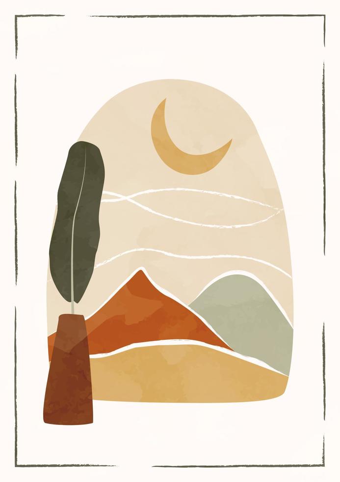 moderno resumen minimalista paisaje póster. montañas y Luna. tierra tonos hoja en un florero cerca el ventana. boho medio siglo impresión. plano diseño. valores vector ilustración